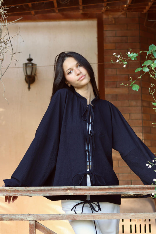 Black front tie blouse